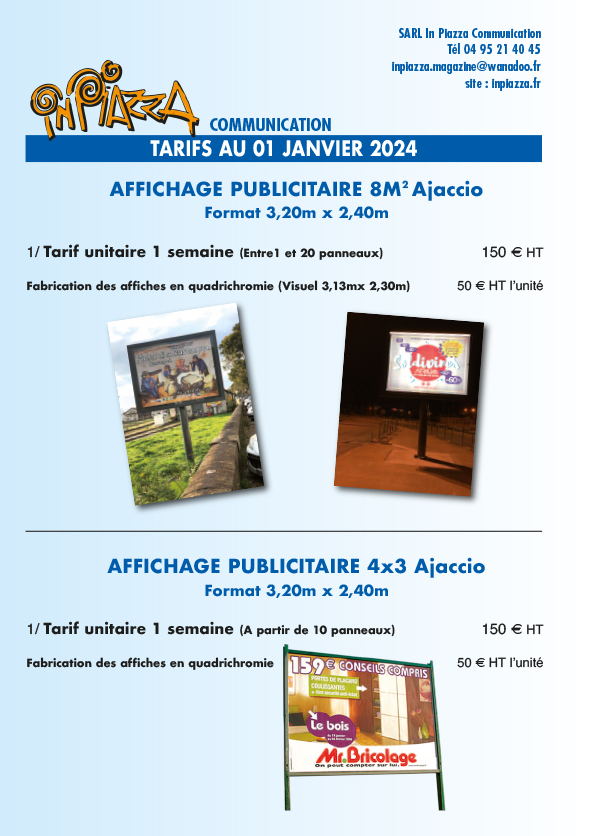 In Piazza communication tarifs 2024 8 m2 et 4x3 Ajaccio / Bastia
